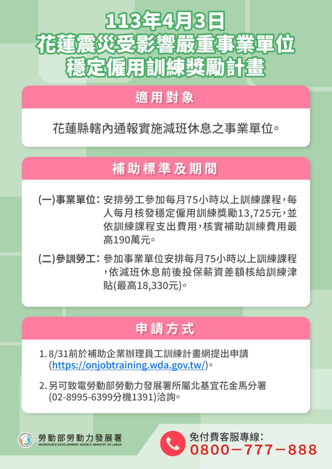 花蓮震災受影響嚴重事業單位穩定僱用訓練獎勵計畫