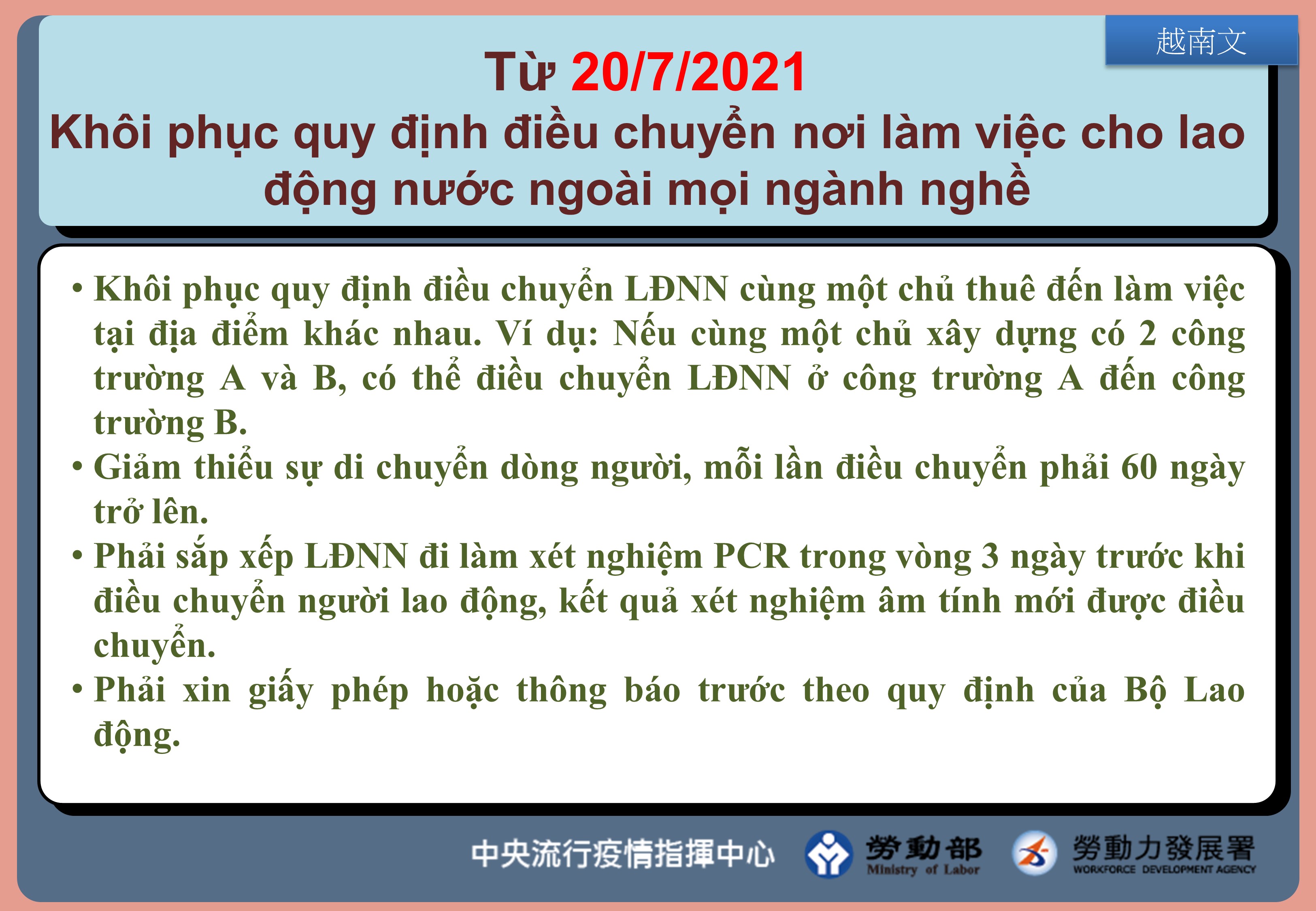 110年7月20日起各類移工恢復工作場所調派-越南文