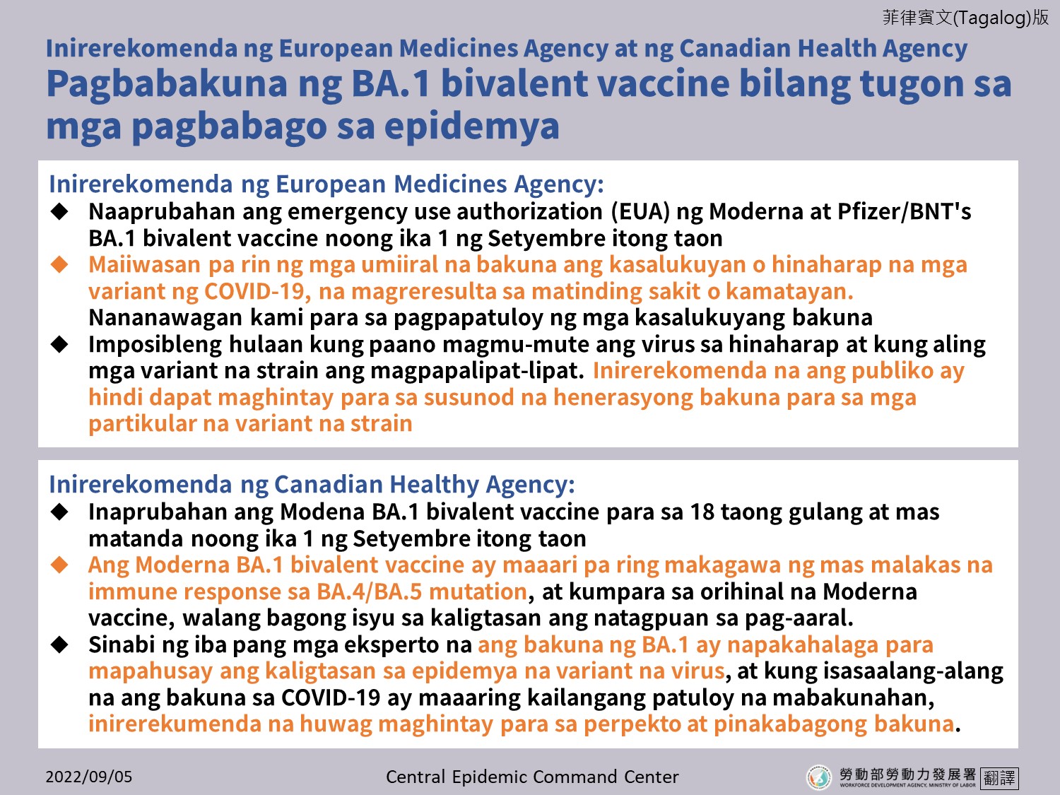 歐洲藥品管理局及加拿大衛生部均建議接種BA.1雙價疫苗因應疫情變化-菲